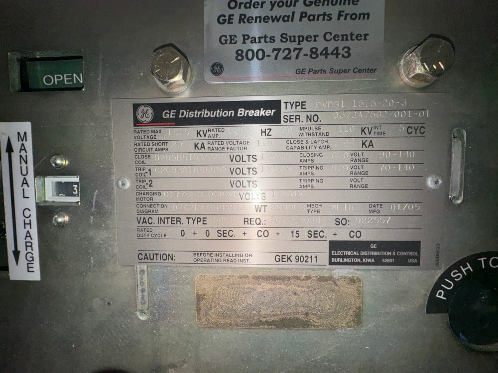 1200 Amps, General Electric Substation Breaker 15.5 KV - Image 4