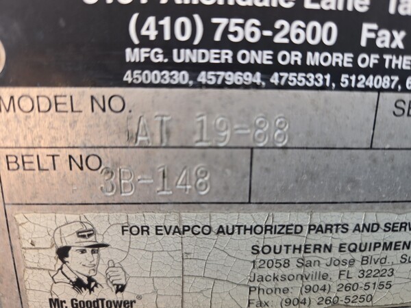 165 Ton, Evapco #AT19-88, cooling tower, 7.5 HP Baldor motor, Fr.213T - Image 6