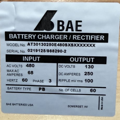 BAE #AT30, microprocessor float batte, 250 amps DC, input 480 Volts 3 phase 60 hz (2 available) - Image 2