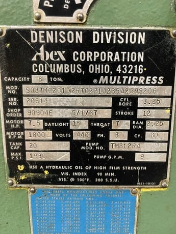 8 Ton, Denison, Hydraulic Multipress, 12" stroke, 2.25" ram diameter, 7" throat, 18" daylight, 9 GPM pump - Image 2