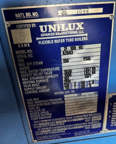 Unilux #2F-100-HS, Flexible Water Tube Steam Boiler, 28 HP 150 PSI, 165 sq.ft., 1650 PPH, in 20-Foot - Image 3