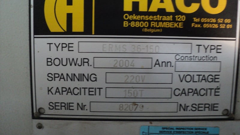 150 Ton, Haco #ERMS-36150, press brake, 12' overall, 123" between housing, 7" stroke, 2004 - Image 7