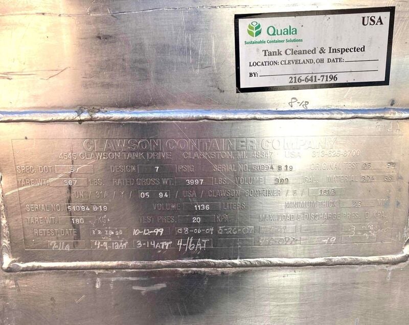 300 gallon Clawson & Hoover, Stainless Steel liquid tote tank, (50 available) - Image 4