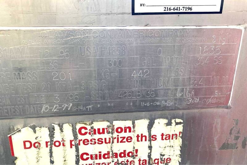 300 gallon Clawson & Hoover, Stainless Steel liquid tote tank, (50 available) - Image 5