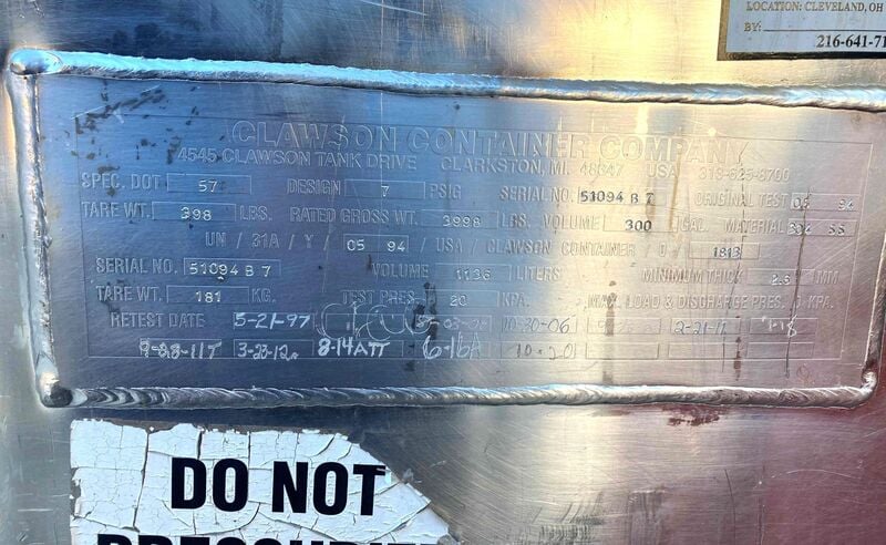300 gallon Clawson & Hoover, Stainless Steel liquid tote tank, (50 available) - Image 6