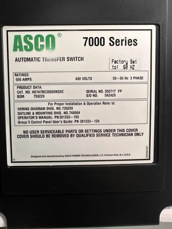 600 Amp. ASCO #7000-Series, Automatic Transfer Switch, 480 Volts, ISO Bypass - Image 3
