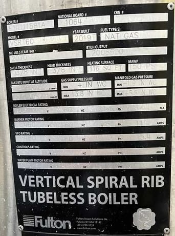 60 HP Fulton #VSRT60, Vertical Spiral Rib Tubeless Steam Boiler, 150 PSI, 2070 PPH, 116 sq.ft., 2019 - Image 2
