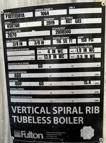 60 HP Fulton #VSRT60, Vertical Spiral Rib Tubeless Steam Boiler, 150 PSI, 2070 PPH, 116 sq.ft., 2019 - Image 3