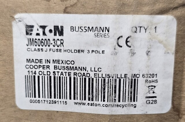 600 Amp. Eaton JM60600-3CR, Modular Fuse Block Holder, 3P, 600 Volts, Class J Fuse, unused - Image 2