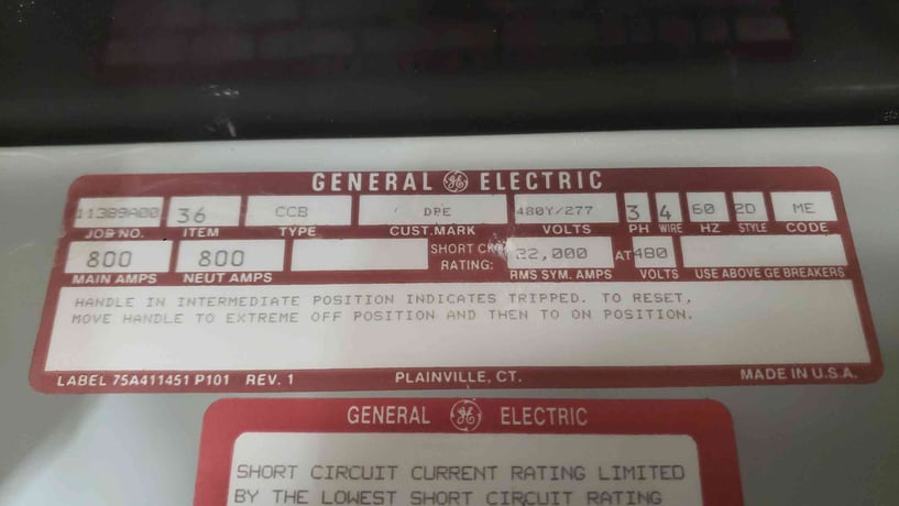 800 Amp. General Electric, Panelboard, 480/277 Volts, 3PH, 10 Breakers & Main - Image 3