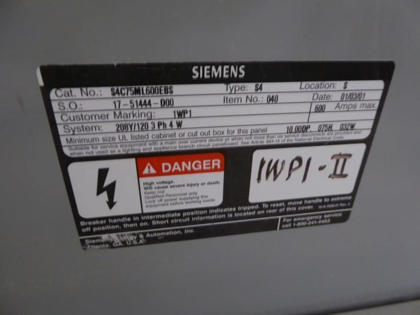 600 Amp. Siemens #S4C9, Panelboards, LOT of 3 w/ Circuit Breakers - Image 7