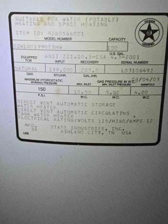 State Sandblaster Force #SDV100199NESHW, Commercial Water Heater, Nat Gas, 100 Gal, 2003 - Image 7