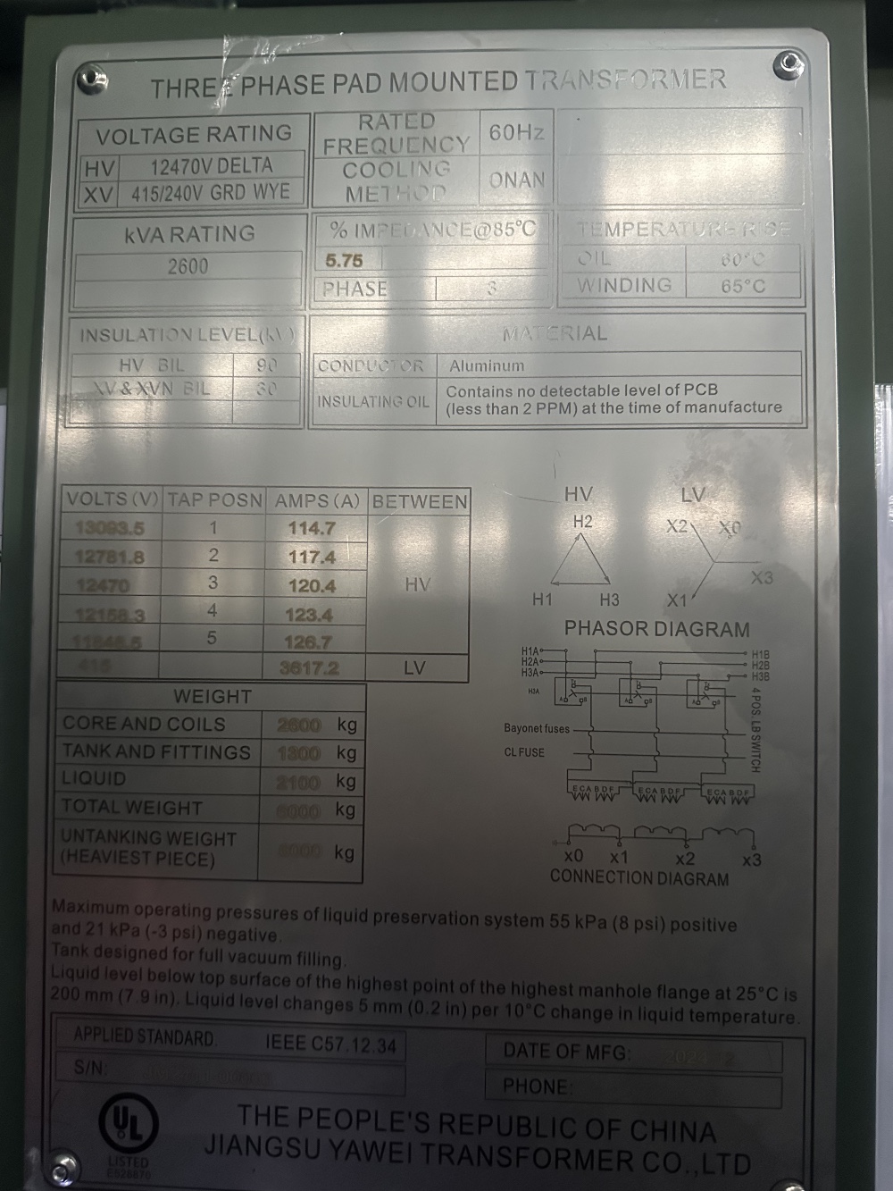 2600 KVA 12470 Primary, 415/240 Secondary, Jiangsu 3-Phase Pad-Mount Transformer - Image 4