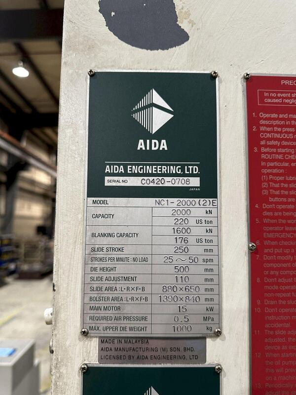 220 Ton, Aida #NC1-2000(2), single crank gap frame press, 9.84" stroke, 19.69"Shut Height, 4.33"ram adj. - Image 10