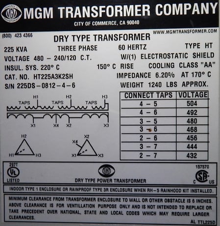 225 KVA 480 Primary, 240/120 Secondary, MGM Transformer - Image 3