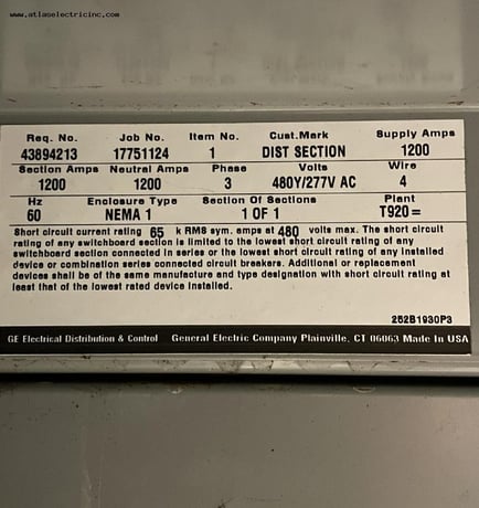 1200 Amps, General Electric #Spectra, 480Y/277 Volts Low Voltage Switchboard - Image 5