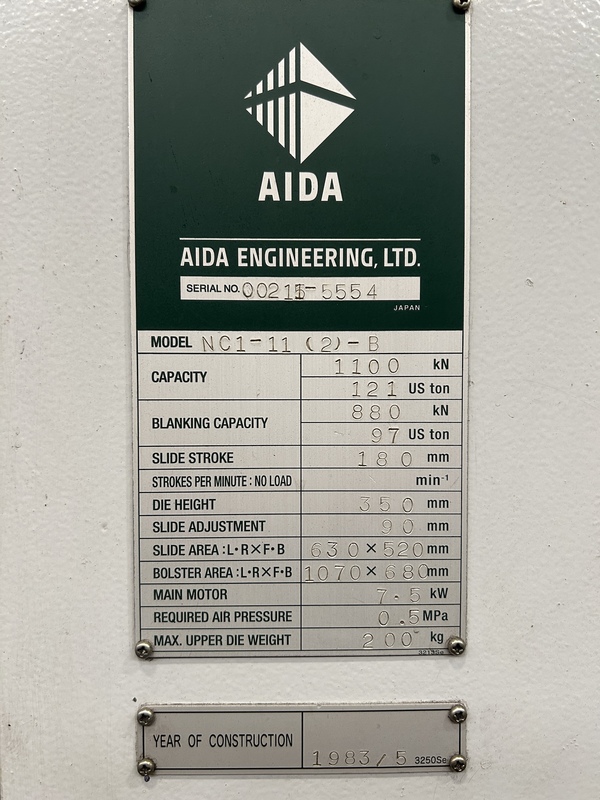 121 Ton, Aida #NC1-11(2)-B, back gear obi press, 7.1" stroke, 26.2" between housing, 35-70 SPM, 3.5" adj, 1983 - Image 9