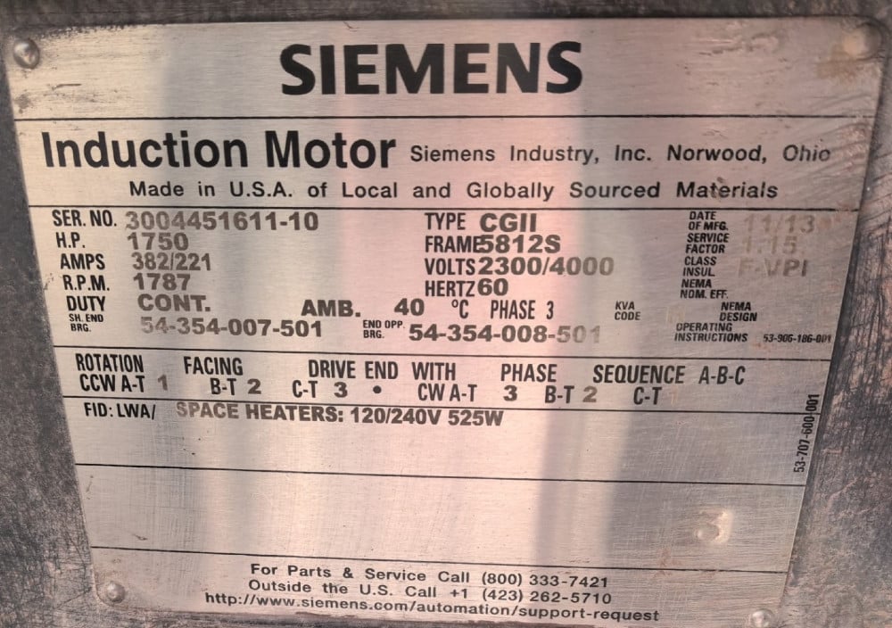 1750 HP 1800 RPM Siemens, Frame 5812S, weather protected enclosure type 2, Sleeve Bearing, 2300/4000 Volts - Image 1