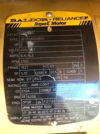 3 HP 1800 RPM Baldor, Frame 182t, OPSB, 230/460 Volts, 8.4/4.2a, vpwm inverter ready - Image 1