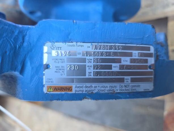 30 GPM @ 72' TDH, Goulds #3196, Pump Casing, .5" x 3" -8" Size, 230 psi, 1750 RPM - Image 3