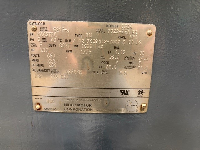 200 HP 1800 RPM U.S. Motors, Frame H445TPA, 175% EHT, TYPE RU, 460 Volts, 226A, refurbished - Image 1