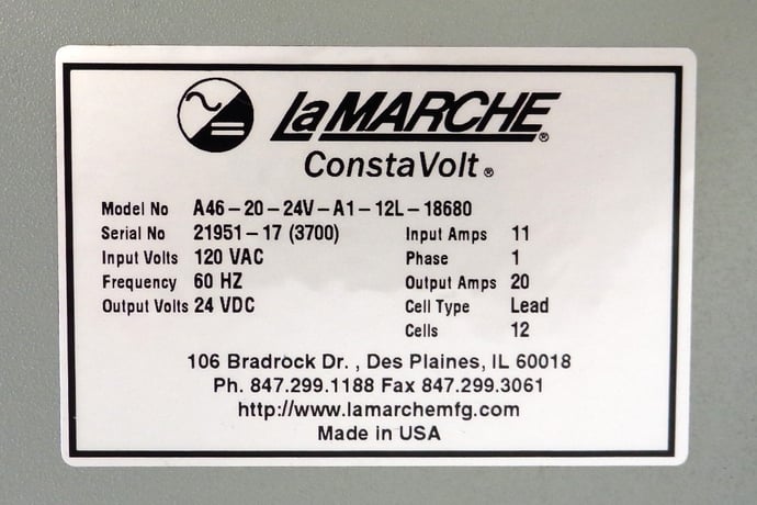 Louis Allis Marche #A46-20-24V-A1-12L-18680, battery charger, 20 Amp., 24 VDC, 60 HZ, 120 VAC - Image 3