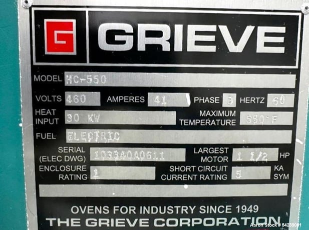 Grieve #HC-550, Electric Oven, 550&deg;F Max Temp, 1.5 HP, 460 V., 3ph, NEMA type 1, frame mount, 2011 - Image 8