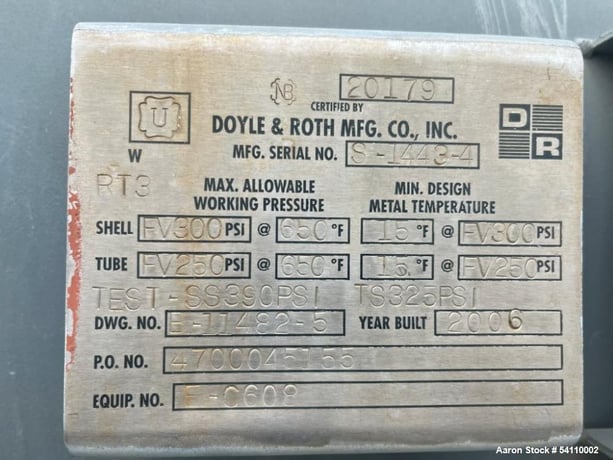 1963 sq.ft., Doyle & Roth, Shell & Tube Heat Exchanger, Alloy 400 Tubes, 300 PSI, repair 2018, 2006 - Image 4