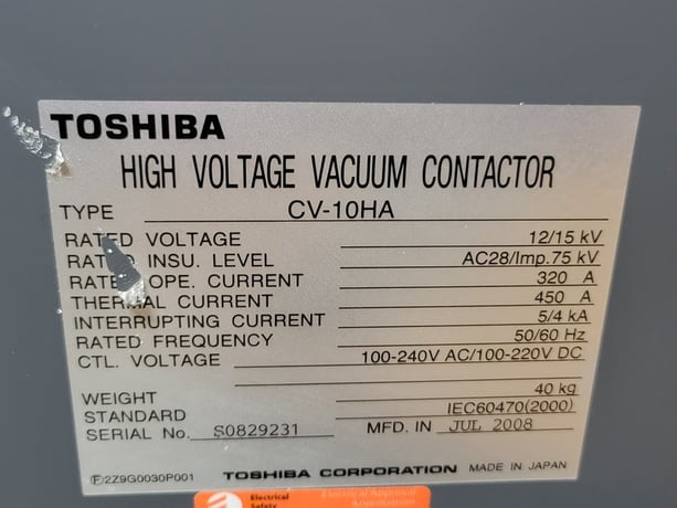 320 Amps, Toshiba #CV-10HA, 12/15 KV High Voltage Vacuum Contactor, 2008 - Image 2