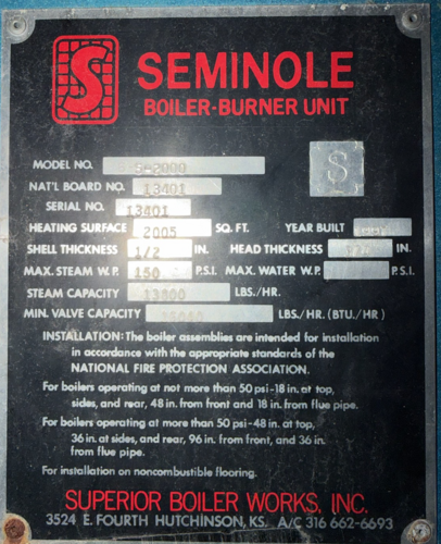 400 HP Superior #Seminole-5-2000, boiler, 2005 sq.ft. heating surface, 150 PSI, 1997 - Image 2