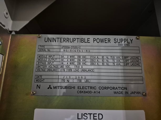 75.0 KVA Mitsubishi Electric Corp. #UP2033A-D753SU-2, Uninterruptible Power Supply, 208 Volt, 3PH, (2 - Image 3