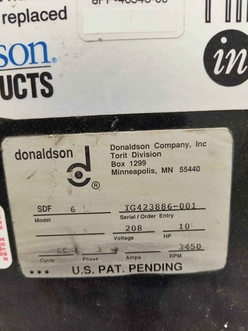1600 cfm Donaldson Torit #SDF-6, Cartridge Dust Collector, 10 HP, 3450 RPM, 208 Volts, 3PH - Image 2