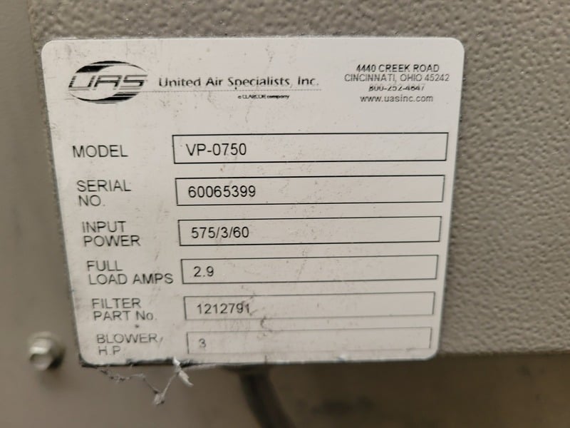 750 cfm UAS #VP-0750, Portable Cartridge Dust Collector, 141 ft filter area, 3 HP, 600 Volts, 3PH - Image 2