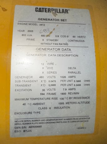 683 KW Caterpillar #3412, diesel generator set, 480 Volts, 3-phase, 396 hours, open skid, 2005 - Image 4