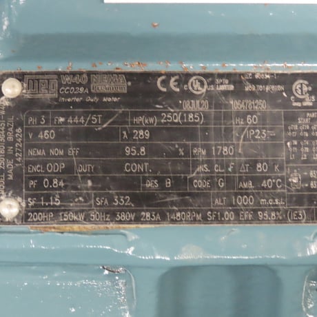 250 HP 1780 RPM WEG 250180T3G445T, Frame 444/5T, 460 Volts, 3Ph, ODP, reman 2022 - Image 2