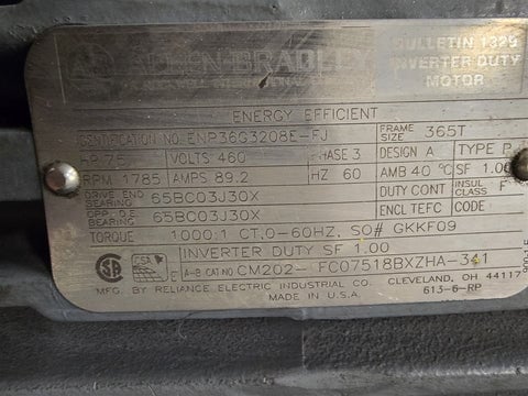 75 HP 1785 RPM Allen-Bradley #ENP36G3208E-FJ, AC Motor, Frame 365T, 460 Volts - Image 2