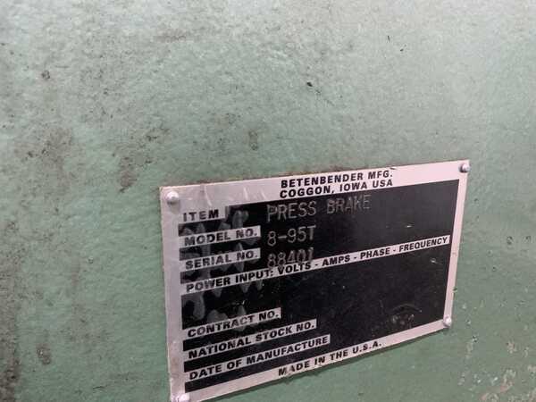 95 Ton, Betenbender #8-95, hydraulic press brake, 8' overall, 78" between housing, 8" stroke, 30 SPM, 20 HP - Image 9