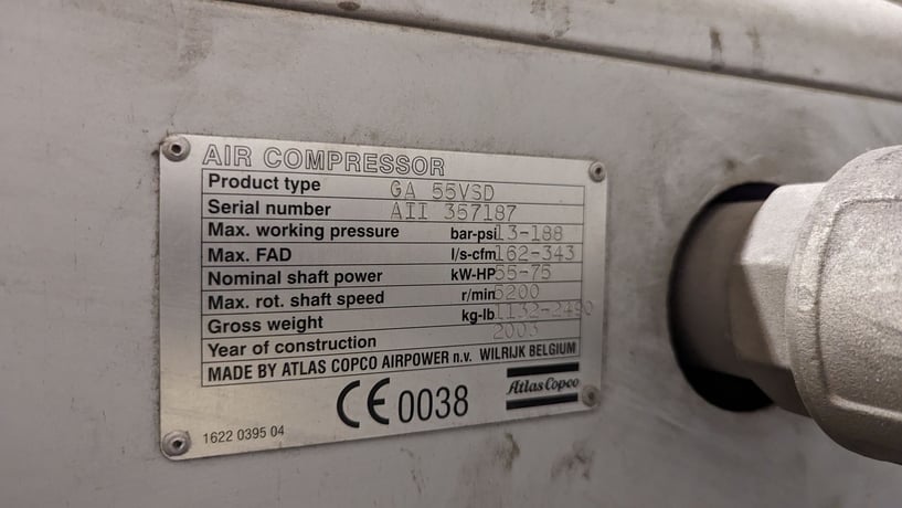 343 cfm, 188 psi, Atlas Copco #GA55VSD, rotary screw air compressor, 75 HP, vari-speed drive, serial - Image 6