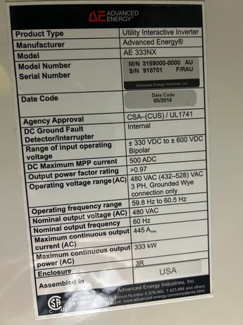 Advanced Energy Solaron #333NX, 333 kW Utility PV Inverter 480 VAC, 2014 - Image 2