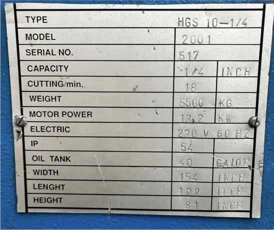 .25" x 10.2' Barcorp #HGS-3100X6, Hydraulic Power Squaring Shear, backgauge powered, 18 HP, 40-gallon oil - Image 2