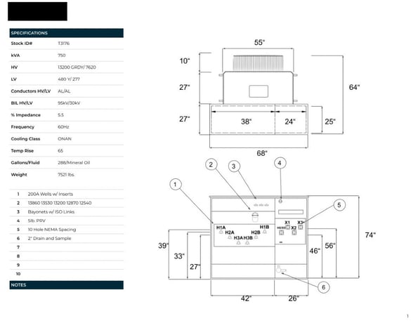 750 KVA 13200 GrdY/7620 Primary, 480Y/277 Secondary, PAD, Recon - Image 1