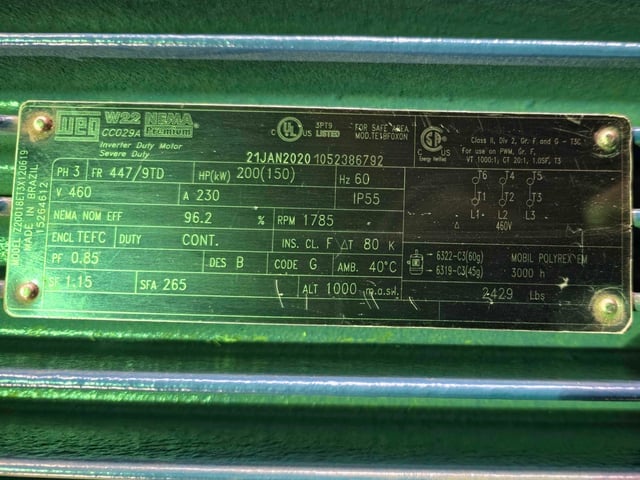 200 HP 1800 RPM Weg, Frame 447/9TD, TEFC BB, 460 Volts, New Surplus - Image 3