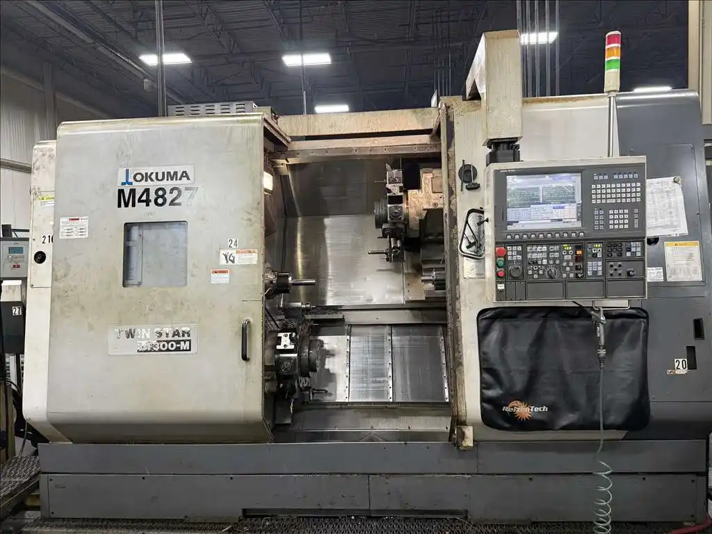 Okuma #LT-300M, twin turret, live milling with sub spindle CNC turning center, OSP-P200L Control, 21.6" - Image 1