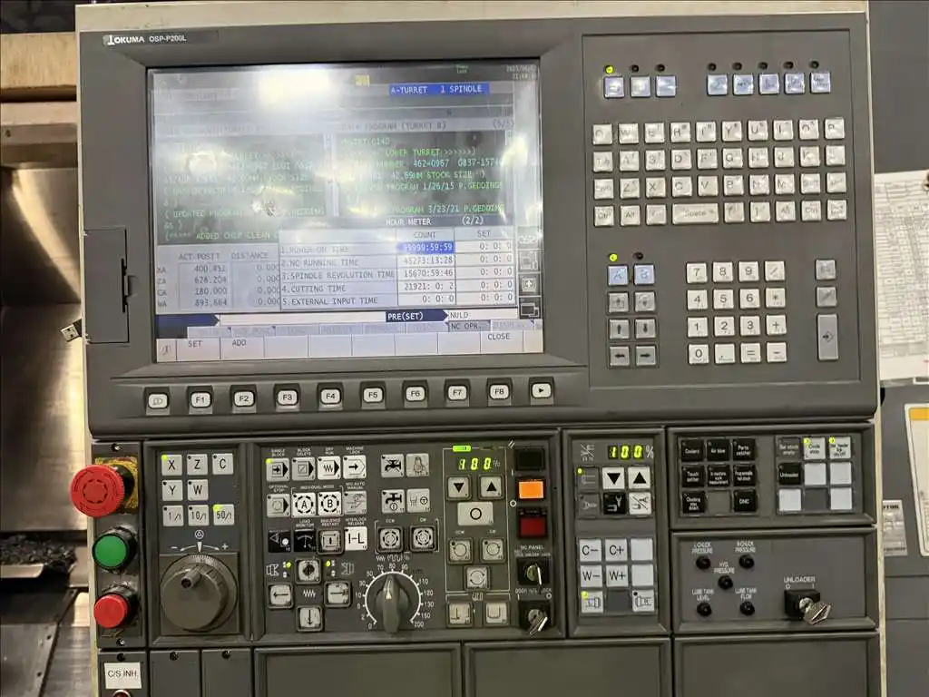 Okuma #LT-300M, twin turret, live milling with sub spindle CNC turning center, OSP-P200L Control, 21.6" - Image 7