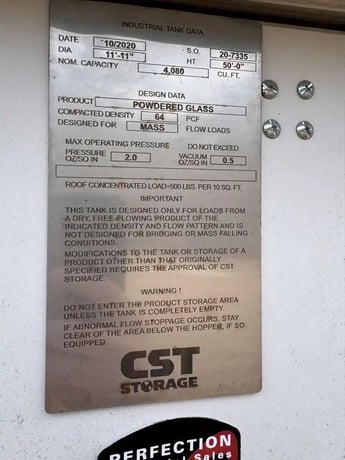 CST stoage powdered glass silo, 50' H x 11'11" x 4080 cu.ft., 2 oz/sq.in. max operating pressure, 2020 (2 - Image 6