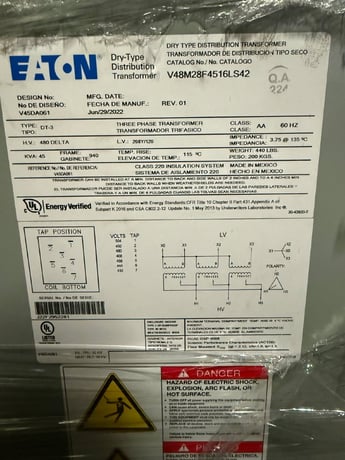 45 KVA 480 Delta Primary, 208Y/120 Secondary, Eaton, taps (10pcs AL - 6pcs CU )115 c NEMA 1 - Image 2
