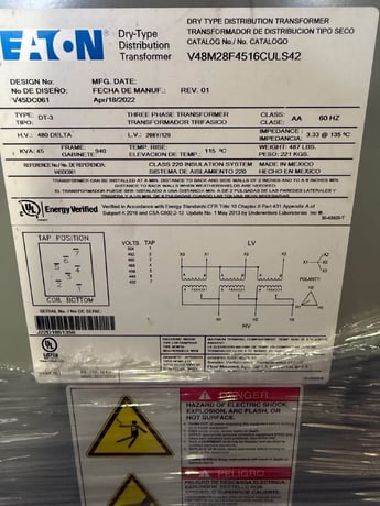 45 KVA 480 Delta Primary, 208Y/120 Secondary, Eaton, taps (10pcs AL - 6pcs CU )115 c NEMA 1 - Image 3