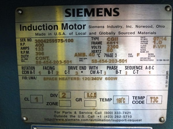 400 HP 396 RPM Siemens, Frame 6811, weather protected enclosure type 2, SB, new unused, 2300/4000 Volts - Image 2