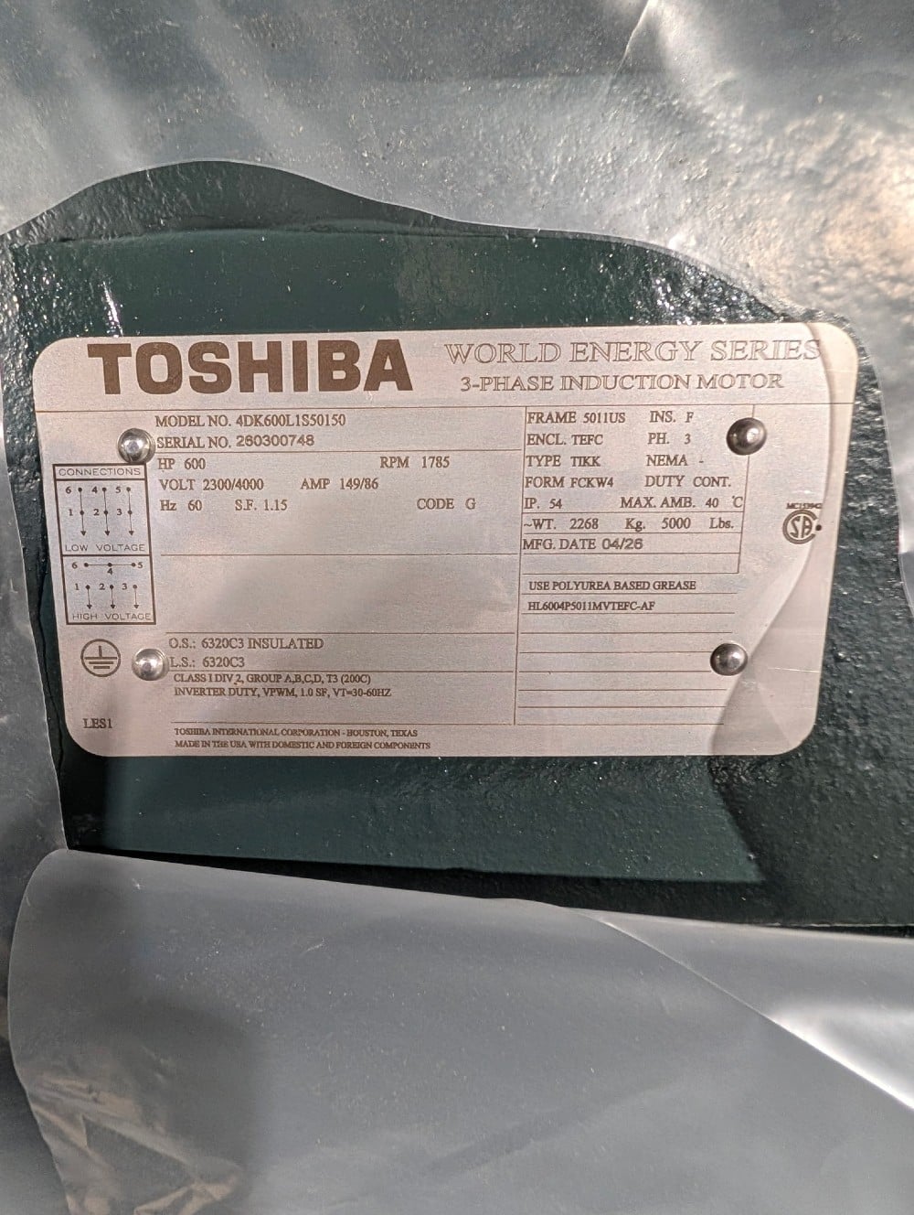 600 HP 1800 RPM Toshiba, Frame 5009/10/11US, TEFC BB, 2300/4000 Volts, NEW -2 in stock/ factory warranty - Image 2