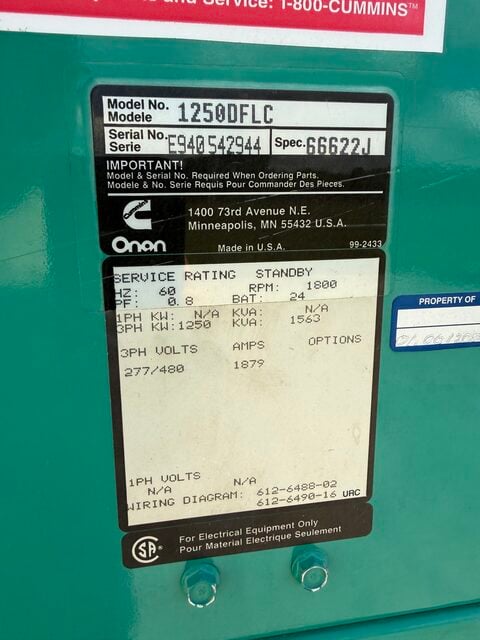 1250 KW Cummins #1250DFLC, Diesel Generator Set, 1800 RPM, 480 Volts, 1550 hours, 1994 - Image 4